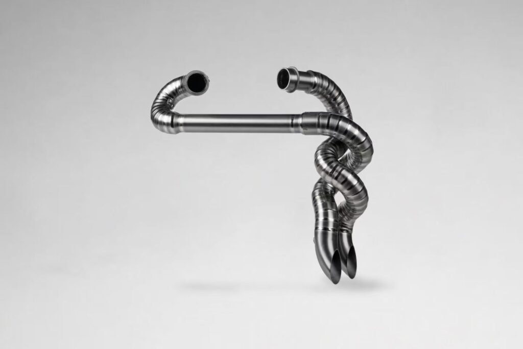 Abstract sculpture with twisted metallic pipes