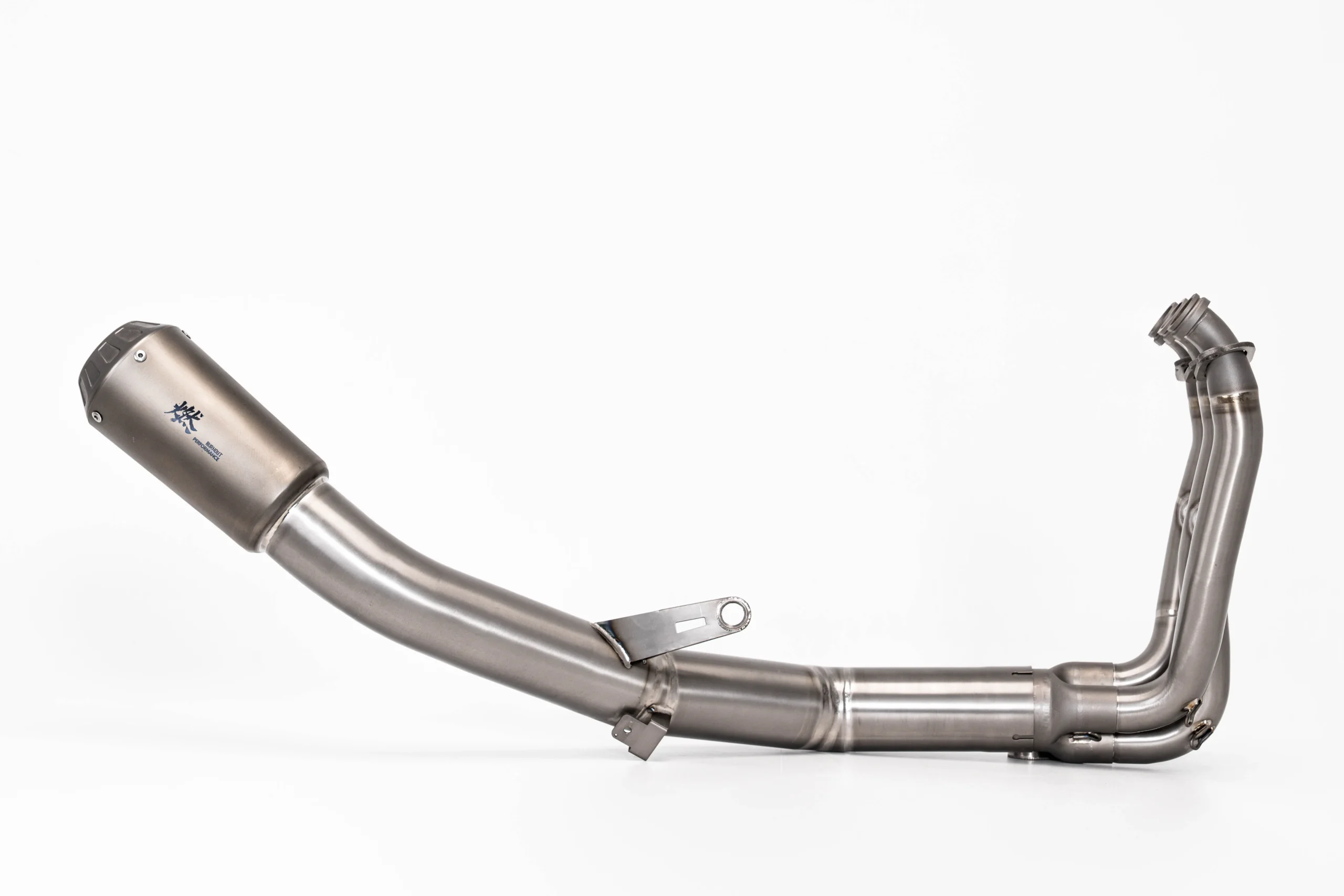 Titanium motorcycle exhaust system on white background.