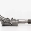 Stainless steel motorcycle exhaust pipe on white background.