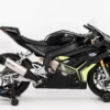 Black sports motorcycle on stand.