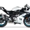Modern white sports motorcycle with blue wheels