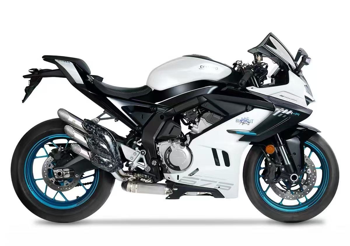Modern white sports motorcycle with blue wheels